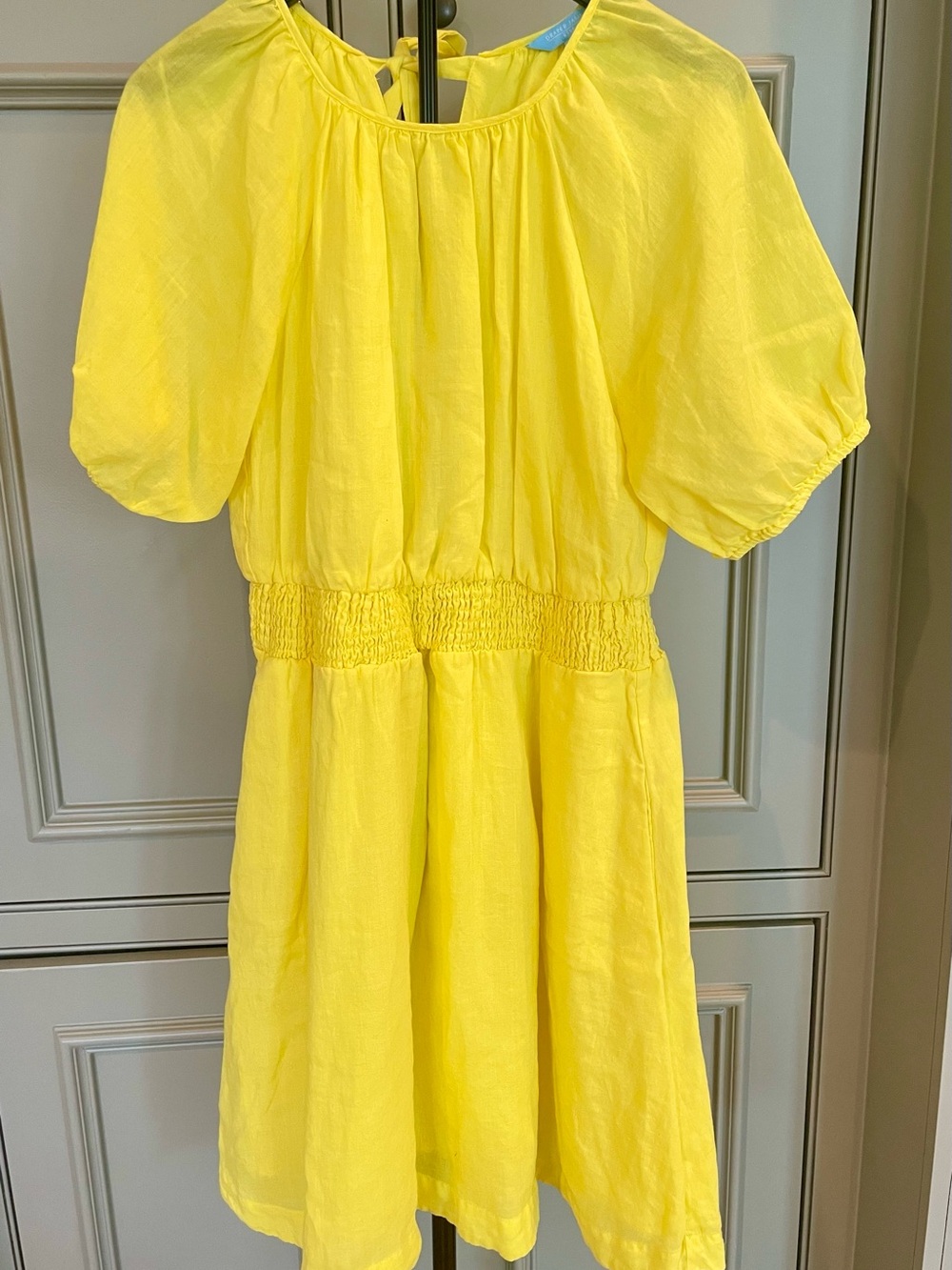 Draper James Linen/Tencel Sunny Yellow Smocked-Waist Puff Sleeve Dress Cover Up